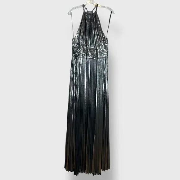 $798 Retrofete Reiss Dress Silver Lame Pleated Halter Cape Designer Dress XL